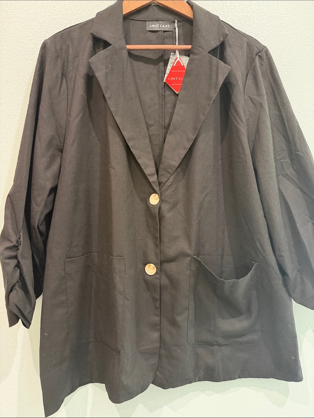 Black Women's V Blazer Linen Jacket 3/4 Scrunched Sleeve Pockets Teacher 2XL